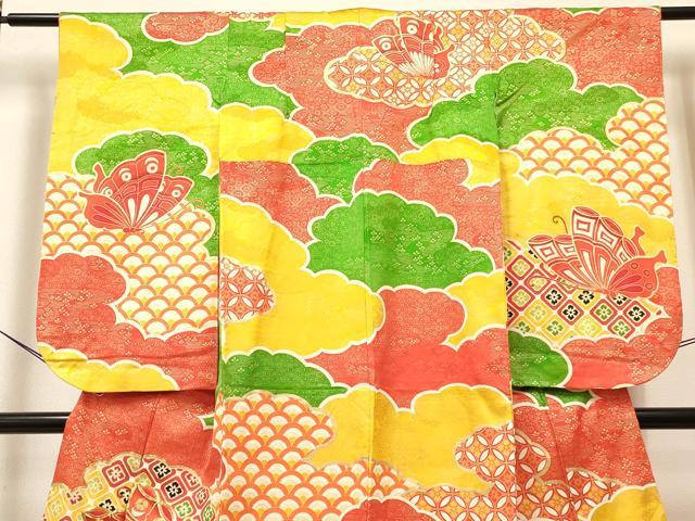 平和屋着物[]七五三　女の子　７歳　祝着　四つ身　長襦袢(無双仕立て・半衿刺繍)セット　駒刺繍　雲取り舞蝶華文　金彩　逸品　DABA3564ma
