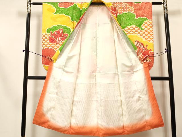 平和屋着物[]七五三　女の子　７歳　祝着　四つ身　長襦袢(無双仕立て・半衿刺繍)セット　駒刺繍　雲取り舞蝶華文　金彩　逸品　DABA3564ma