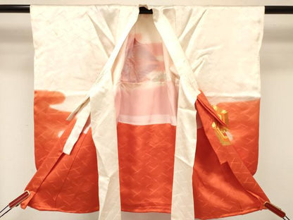 平和屋着物[]七五三　女の子　３歳　祝着　三つ身　長襦袢(袷)セット　駒刺繍　双鶴亀甲花文　暈し染め　逸品　DABA3561ma