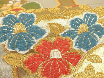 平和屋着物∵子供　全通柄袋帯　唐織　亀甲花丸文　金糸　逸品　AABE2237ja
