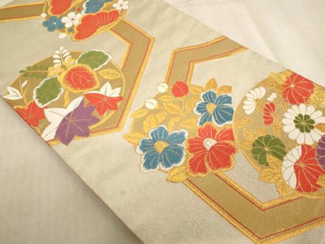 平和屋着物∵子供　全通柄袋帯　唐織　亀甲花丸文　金糸　逸品　AABE2237ja