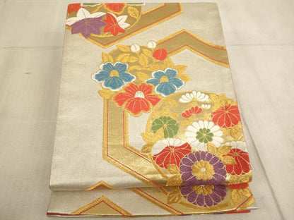 平和屋着物∵子供　全通柄袋帯　唐織　亀甲花丸文　金糸　逸品　AABE2237ja
