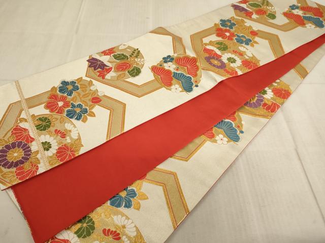 平和屋着物∵子供　全通柄袋帯　唐織　亀甲花丸文　金糸　逸品　AABE2237ja
