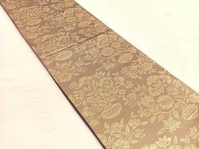 平和屋着物◎西陣　六通柄袋帯　陶器更紗花文　金糸　正絹　逸品　未使用　BAAW3079hv