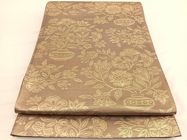 平和屋着物◎西陣　六通柄袋帯　陶器更紗花文　金糸　正絹　逸品　未使用　BAAW3079hv