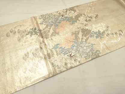 平和屋着物◎六通柄袋帯 唐織 飛鶴風景花松文 金銀糸 正絹 逸品 DAAZ5836ea