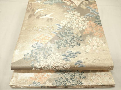 平和屋着物◎六通柄袋帯 唐織 飛鶴風景花松文 金銀糸 正絹 逸品 DAAZ5836ea