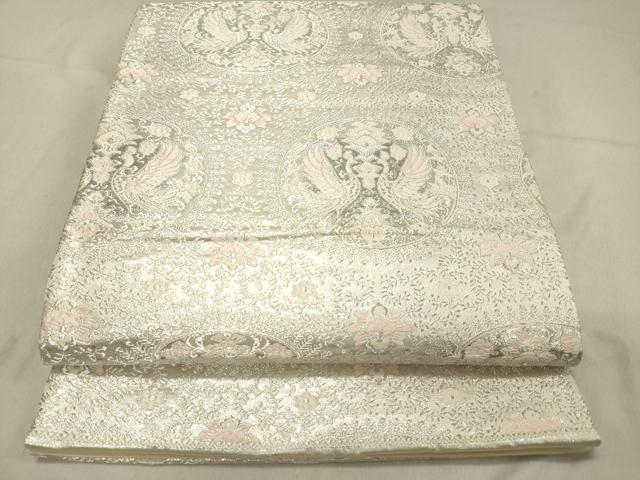 平和屋着物◎六通柄袋帯 唐織 向かい鳥花丸文 銀糸 正絹 逸品 DAAZ5824ea