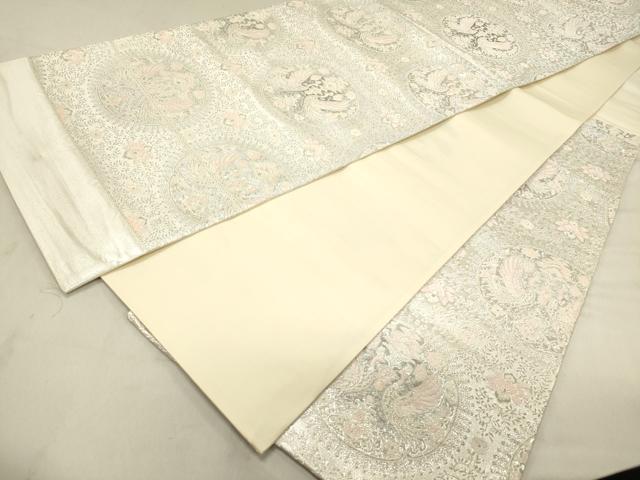 平和屋着物◎六通柄袋帯 唐織 向かい鳥花丸文 銀糸 正絹 逸品 DAAZ5824ea