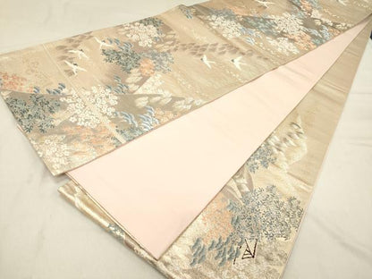 平和屋着物◎六通柄袋帯 唐織 飛鶴風景花松文 金銀糸 正絹 逸品 DAAZ5836ea