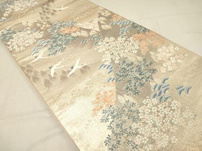 平和屋着物◎六通柄袋帯 唐織 飛鶴風景花松文 金銀糸 正絹 逸品 DAAZ5836ea