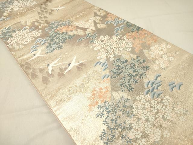 平和屋着物◎六通柄袋帯 唐織 飛鶴風景花松文 金銀糸 正絹 逸品 DAAZ5836ea