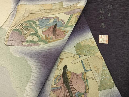 平和屋着物●訪問着　摺工房　渡邊孝　破れ色紙人物文　暈し染め　金銀彩　正絹　逸品　AABE5890ph