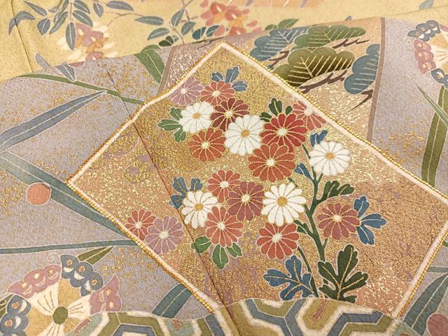 平和屋着物●訪問着　友禅　作家物　圭雲　駒刺繍　扇面草花文　金彩　正絹　逸品　AABE5919ph 平和屋着物○訪問着 友禅 作家物 圭雲 駒刺繍 扇面草花文