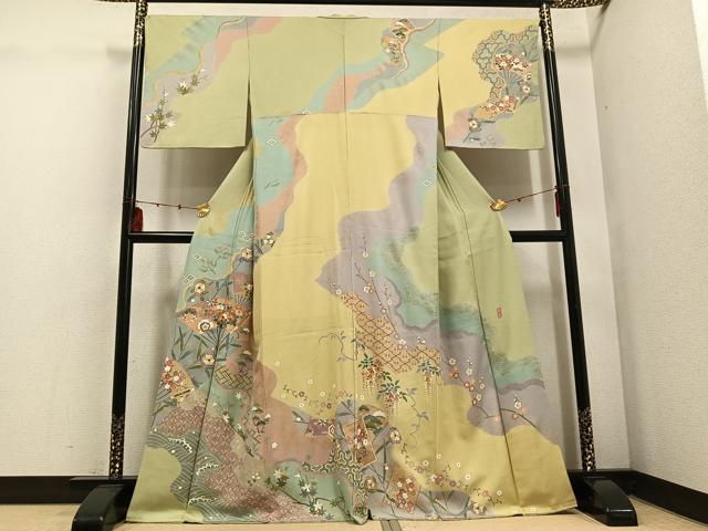 平和屋着物●訪問着　友禅　作家物　圭雲　駒刺繍　扇面草花文　金彩　正絹　逸品　AABE5919ph 平和屋着物○訪問着 友禅 作家物 圭雲 駒刺繍 扇面草花文