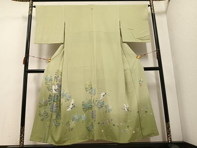 平和屋着物●豪華色留袖　友禅　作家物　群れ鶴草花文　暈し染め　ますいわ屋扱い　正絹　逸品　AABE6934ph 平和屋着物○豪華色留袖 友禅 作家物 群れ鶴草花文 暈し