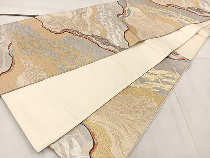 平和屋着物◎六通柄袋帯　流水飛鶴文　金銀糸　正絹　逸品　BAAW1456mz