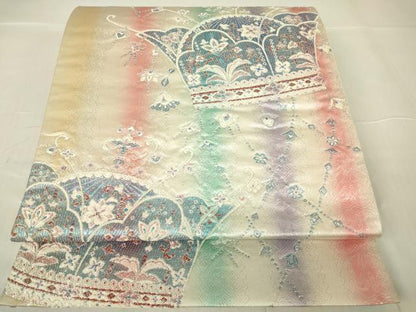 平和屋着物▼両面　六通柄袋帯　九百錦　オリエント　洋花文　銀糸　正絹　逸品　DABA4038az