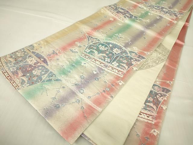 平和屋着物▼両面　六通柄袋帯　九百錦　オリエント　洋花文　銀糸　正絹　逸品　DABA4038az
