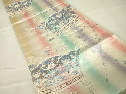 平和屋着物▼両面　六通柄袋帯　九百錦　オリエント　洋花文　銀糸　正絹　逸品　DABA4038az