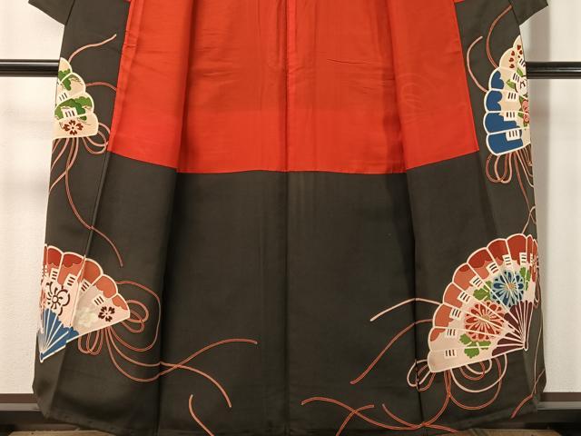 平和屋着物○アンティーク 大正ロマン 黒留袖 檜扇花文 金彩 正絹 逸品