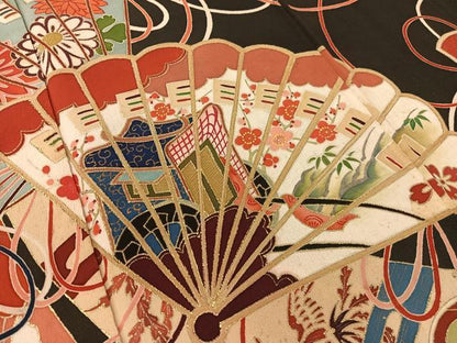 平和屋着物●アンティーク　大正ロマン　黒留袖　檜扇花文　金彩　正絹　逸品　CABB4966vp