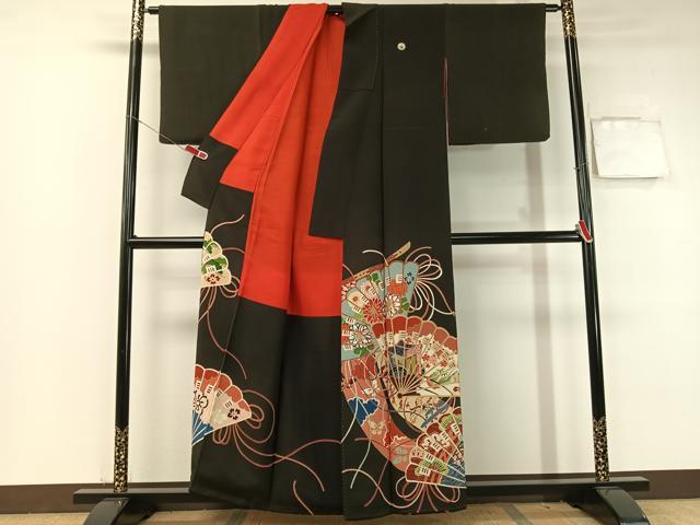 平和屋着物●アンティーク　大正ロマン　黒留袖　檜扇花文　金彩　正絹　逸品　CABB4966vp 平和屋着物○アンティーク 大正ロマン 黒留袖 檜扇花文 金彩 正絹 逸品