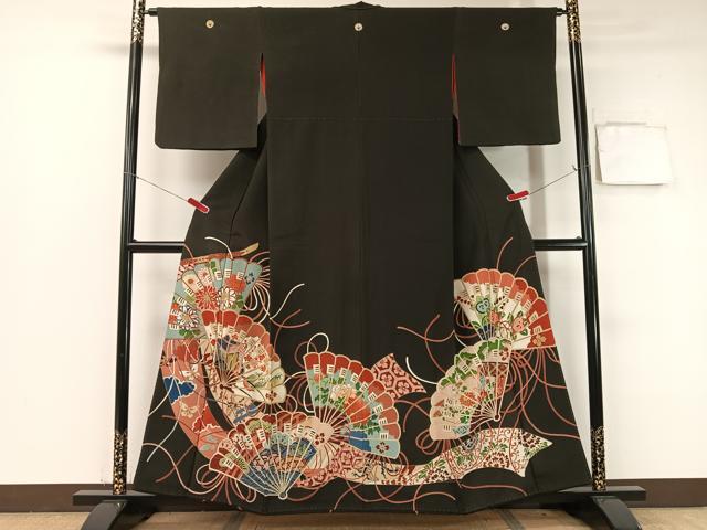 平和屋着物●アンティーク　大正ロマン　黒留袖　檜扇花文　金彩　正絹　逸品　CABB4966vp 平和屋着物○アンティーク 大正ロマン 黒留袖 檜扇花文 金彩 正絹 逸品