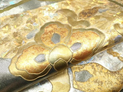 平和屋着物●金彩友禅作家　金彩の魔術師　堀省平　金煌織　太鼓柄袋帯　花唐草文　金銀彩　引箔　正絹　逸品　CABB5765hy