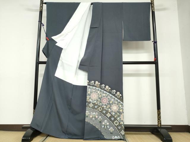 平和屋着物●豪華色留袖　作家物　駒刺繍　貝紫　洋花文　金彩　正絹　逸品　DABB0032ud