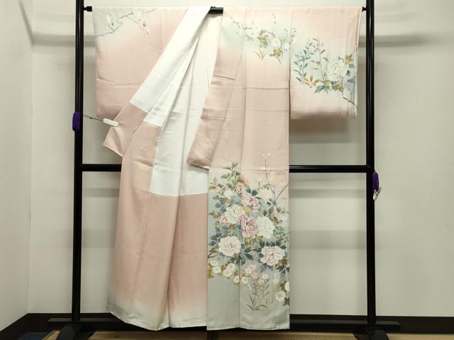 平和屋着物●訪問着　作家物　刺繍　牡丹花文　暈し染め　金彩　正絹　逸品　CABB0011gh 平和屋着物○訪問着 作家物 刺繍 牡丹花文 暈し染め 金彩