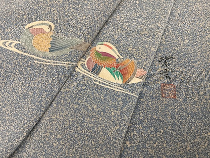 平和屋着物●訪問着 作家物 紫雲 鴛鴦 鬼しぼ縮緬 やまと誂製 正絹 逸品 AABE7381ph