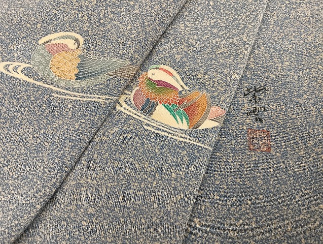 平和屋着物●訪問着 作家物 紫雲 鴛鴦 鬼しぼ縮緬 やまと誂製 正絹 逸品 AABE7381ph