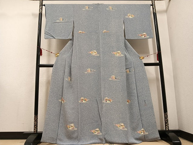 平和屋着物●訪問着 作家物 紫雲 鴛鴦 鬼しぼ縮緬 やまと誂製 正絹 逸品 AABE7381ph