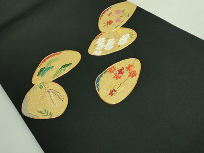 平和屋着物●極上　人形作家・ホリヒロシ　太鼓柄　京袋帯　駒刺繍　貝合せ花文　黒地　本金糸　逸品　DZAB3312kh6
