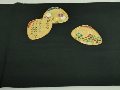 平和屋着物●極上　人形作家・ホリヒロシ　太鼓柄　京袋帯　駒刺繍　貝合せ花文　黒地　本金糸　逸品　DZAB3312kh6