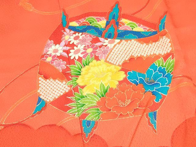 平和屋着物[]七五三　女の子　３歳　祝着　三つ身　長襦袢(袷)セット　駒刺繍　糸車花文　金彩　逸品　DABA3575ma
