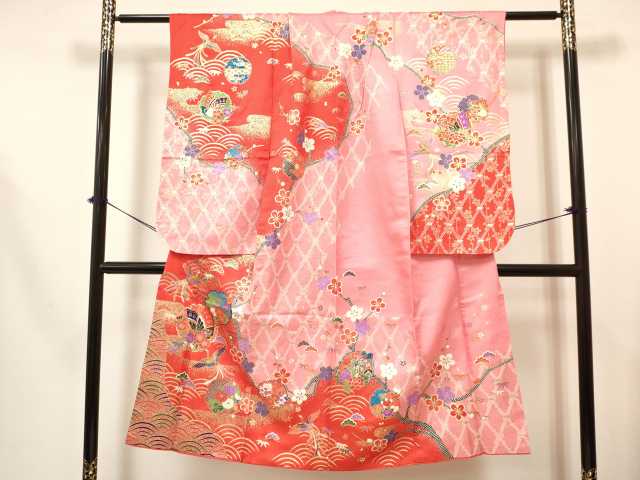 平和屋着物[]七五三　女の子　７歳　祝着　四つ身　長襦袢(単衣・半衿刺繍)セット　鳳凰　雪輪御所車花蝶文　金彩　逸品　DABA3569ma
