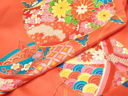 平和屋着物[]七五三　女の子　３歳　祝着　三つ身　長襦袢(袷)セット　駒刺繍　糸車花文　金彩　逸品　DABA3575ma