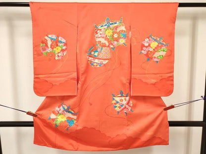 平和屋着物[]七五三　女の子　３歳　祝着　三つ身　長襦袢(袷)セット　駒刺繍　糸車花文　金彩　逸品　DABA3575ma