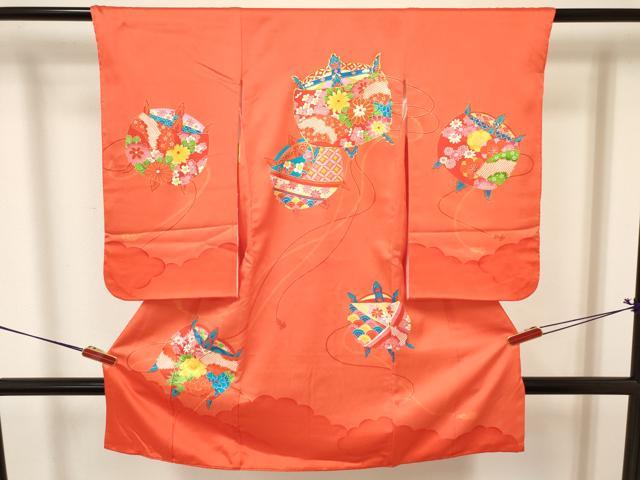 平和屋着物[]七五三　女の子　３歳　祝着　三つ身　長襦袢(袷)セット　駒刺繍　糸車花文　金彩　逸品　DABA3575ma