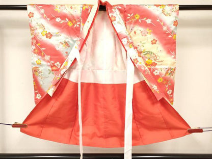 平和屋着物[]七五三　女の子　３歳　祝着　三つ身　長襦袢(無双仕立て)・被布セット　檜扇花文　暈し染め　金銀彩　逸品　DABA3580ma