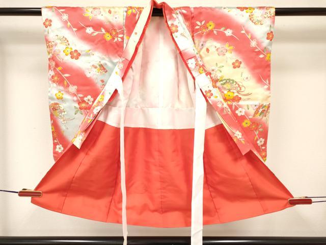 平和屋着物[]七五三　女の子　３歳　祝着　三つ身　長襦袢(無双仕立て)・被布セット　檜扇花文　暈し染め　金銀彩　逸品　DABA3580ma