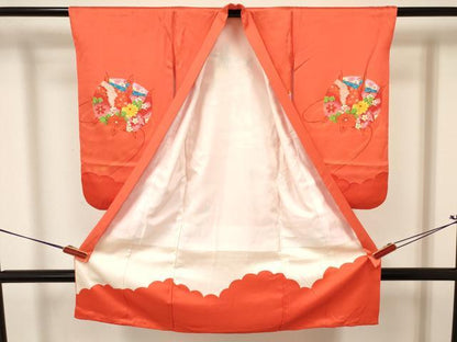 平和屋着物[]七五三　女の子　３歳　祝着　三つ身　長襦袢(袷)セット　駒刺繍　糸車花文　金彩　逸品　DABA3575ma