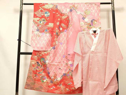 平和屋着物[]七五三　女の子　７歳　祝着　四つ身　長襦袢(単衣・半衿刺繍)セット　鳳凰　雪輪御所車花蝶文　金彩　逸品　DABA3569ma