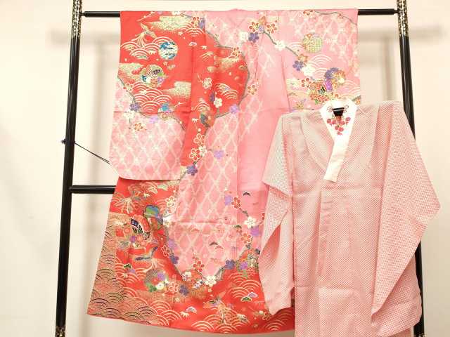 平和屋着物[]七五三　女の子　７歳　祝着　四つ身　長襦袢(単衣・半衿刺繍)セット　鳳凰　雪輪御所車花蝶文　金彩　逸品　DABA3569ma