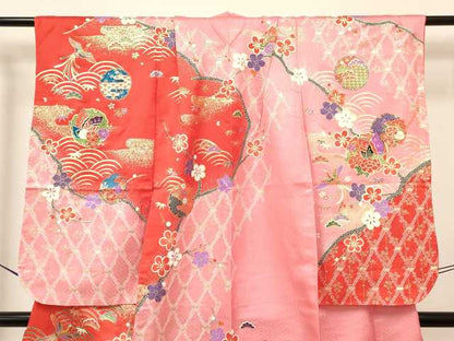 平和屋着物[]七五三　女の子　７歳　祝着　四つ身　長襦袢(単衣・半衿刺繍)セット　鳳凰　雪輪御所車花蝶文　金彩　逸品　DABA3569ma