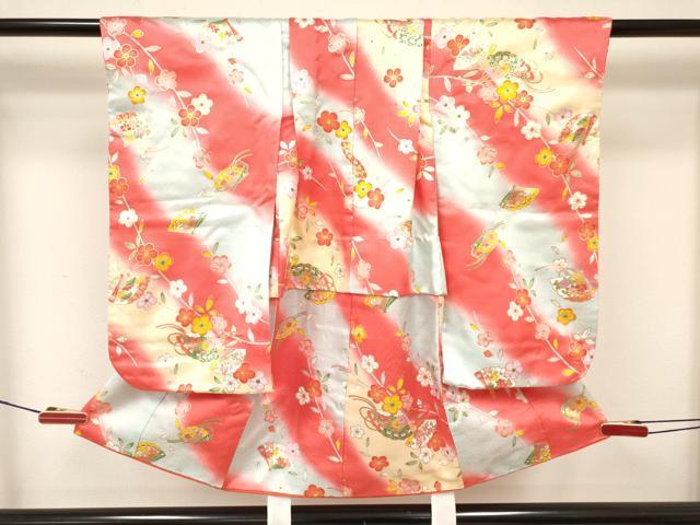 平和屋着物[]七五三　女の子　３歳　祝着　三つ身　長襦袢(無双仕立て)・被布セット　檜扇花文　暈し染め　金銀彩　逸品　DABA3580ma