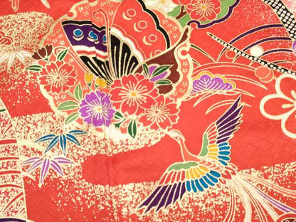 平和屋着物[]七五三　女の子　７歳　祝着　四つ身　長襦袢(単衣・半衿刺繍)セット　鳳凰　雪輪御所車花蝶文　金彩　逸品　DABA3569ma