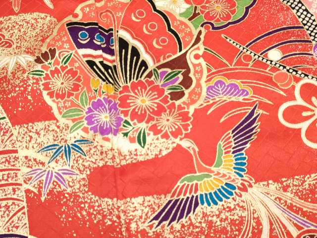 平和屋着物[]七五三　女の子　７歳　祝着　四つ身　長襦袢(単衣・半衿刺繍)セット　鳳凰　雪輪御所車花蝶文　金彩　逸品　DABA3569ma